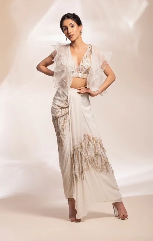 Drape lungi skirt with beaded blouse and ruffle jacket